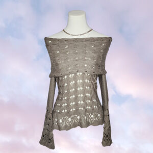 Nine West Vintage America Taupe Brown Cowl Neck Open Knit Boho Western Sweater S